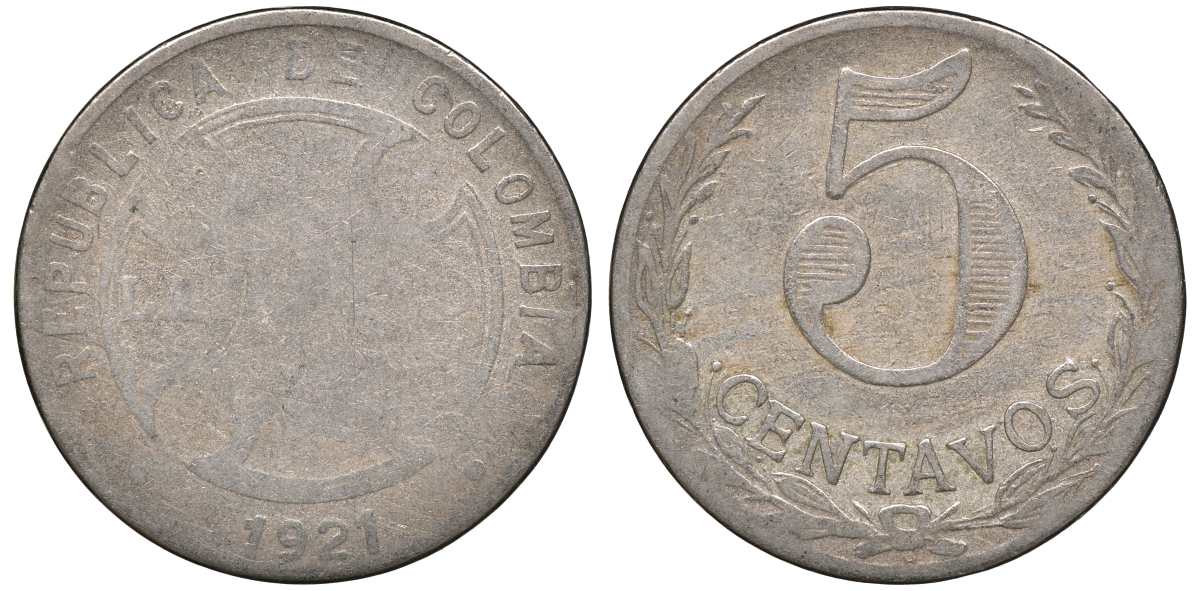 Колумбия 5 сентаво 1921 государственный лепрозорий KM L11 медно-никель 53-1037