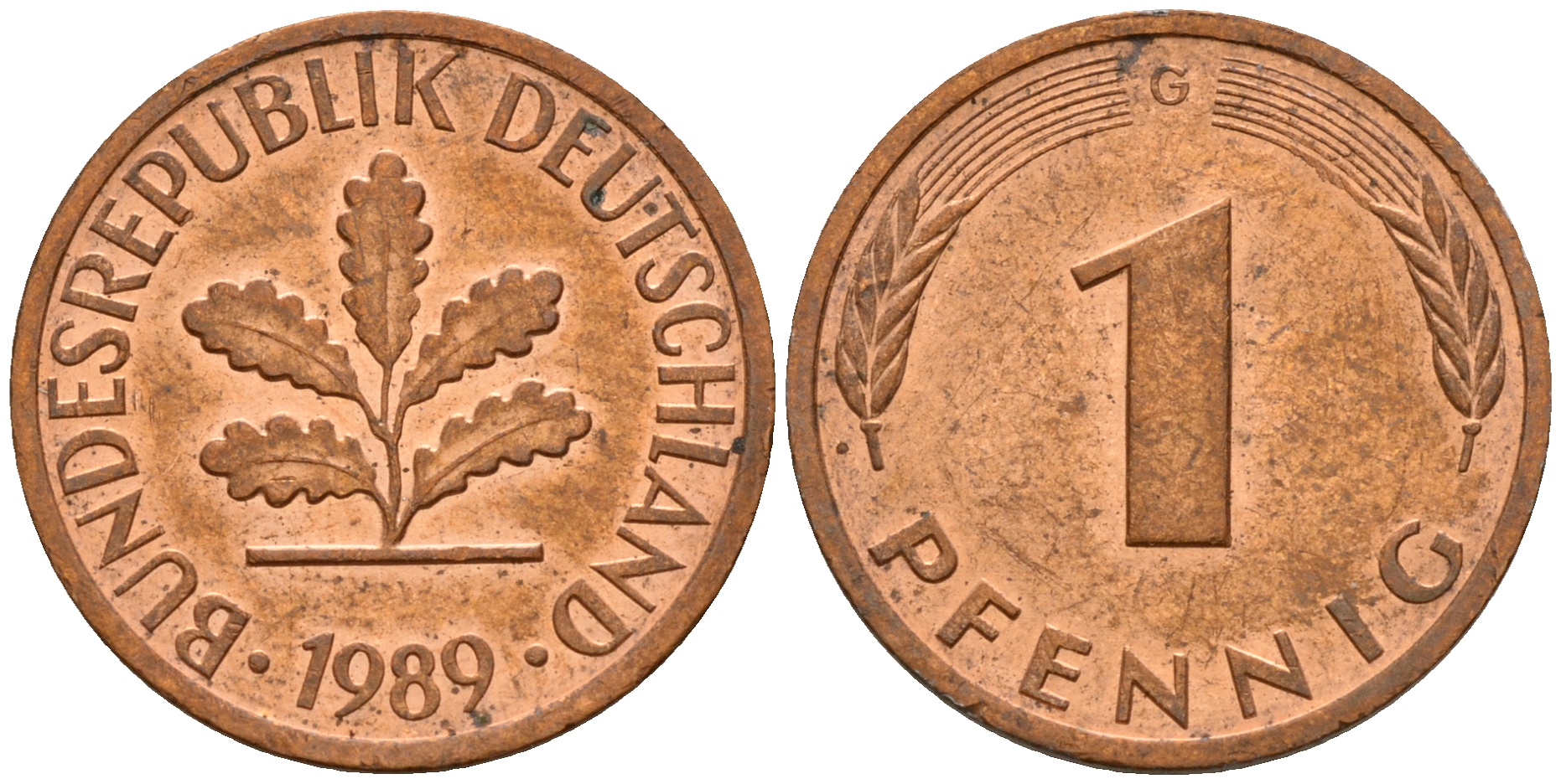 ФРГ 1 пфенниг 1989 G KM 105, J. 380 сталь плакированная медью    4598-657