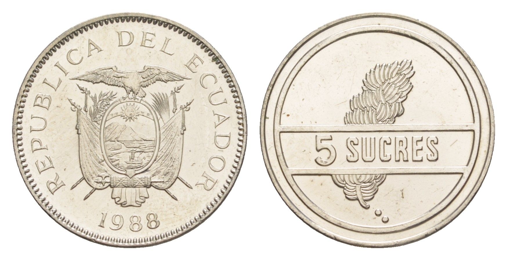 Эквадор 5 сукре 1988 KM 91.1 сталь плакированная никелем UNC 4640-1144