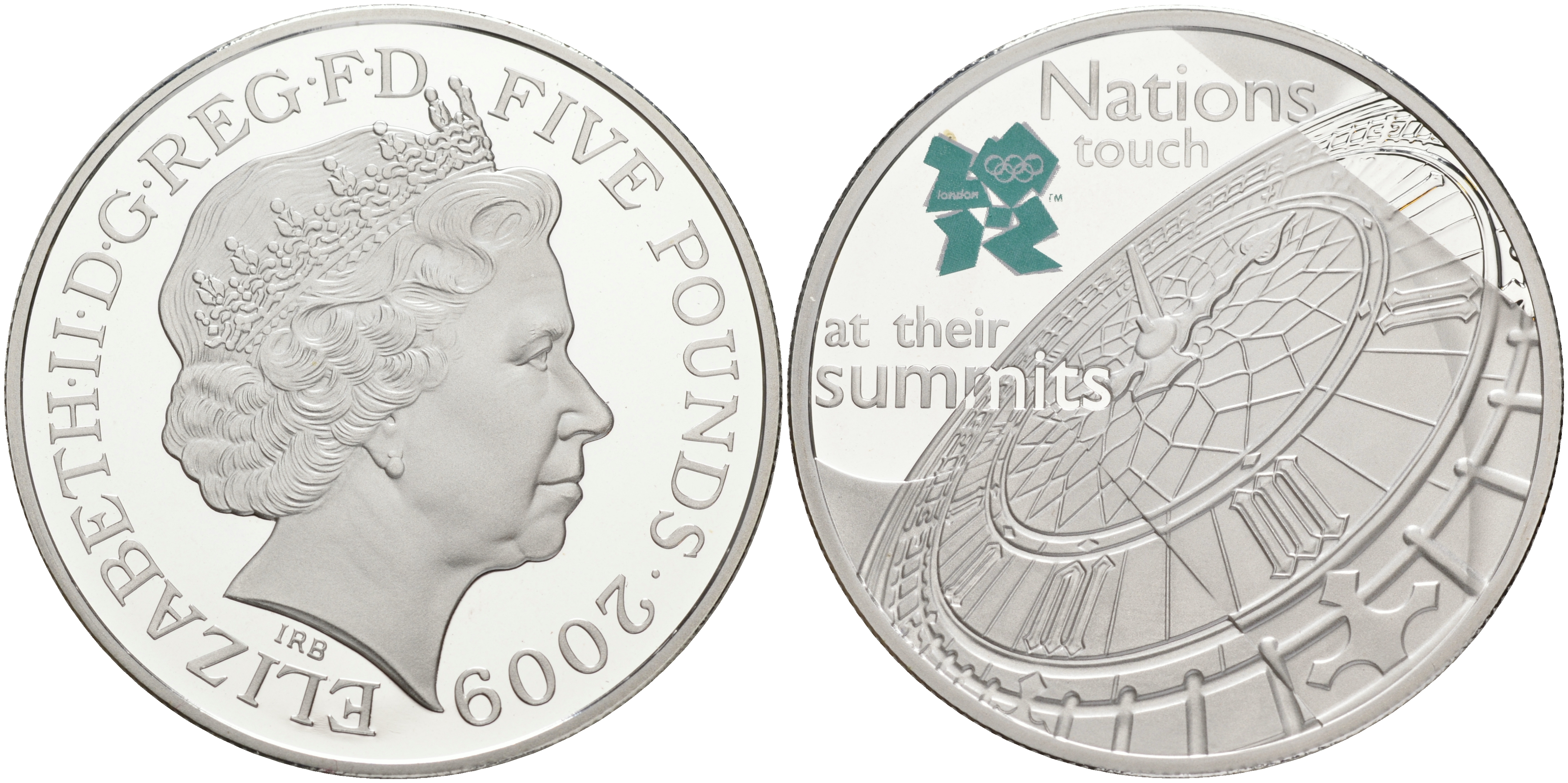 Великобритания 5 фунтов 2009 Елизавета II (1952-2022), XXX летние Олимпийские Игры. Празднование в Британии - Биг Бен KM 1141a, Spink LO37 серебро PROOF 00-00