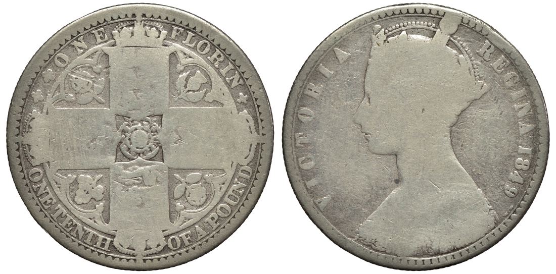 Великобритания 1 флорин = 2 шиллинга 1849 Виктория (1837-1901), первый выпуск KM 745, Spink 3890 серебро 1523-1025