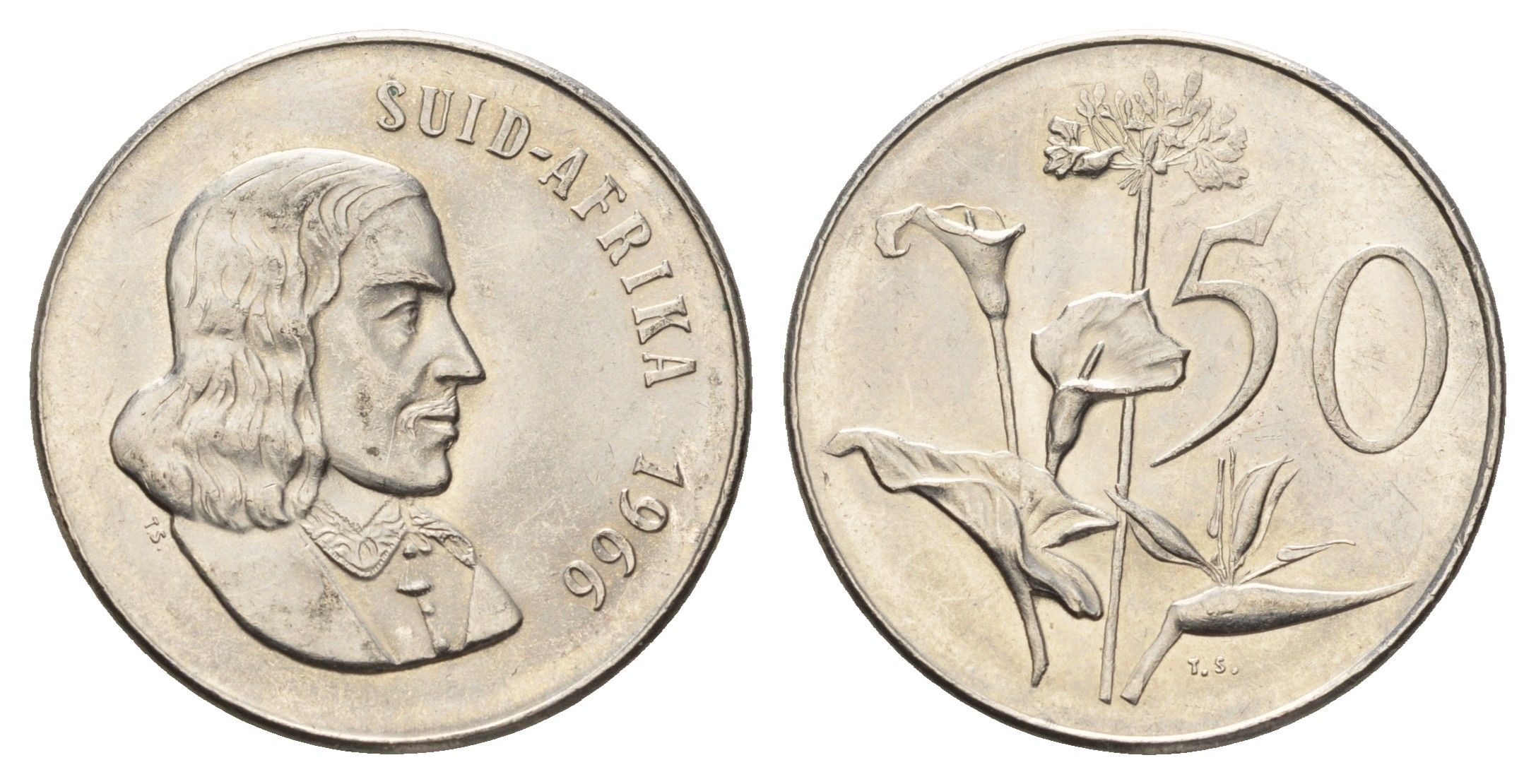 ЮАР 50 центов 1966 Ян ван Рибек (1619-1677), Suid Africa, легенда на африкаанс, Зантедеския Эллиота (калла) KM 70.2 никель 4622-923