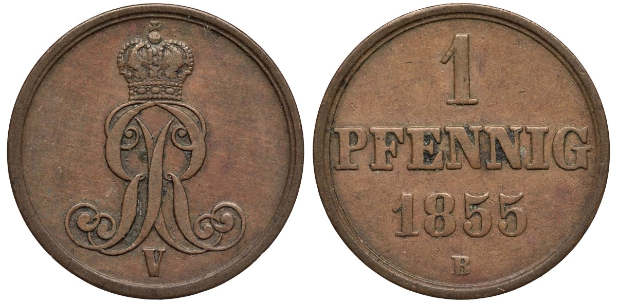 Ганновер 1 пфенниг 1855 B, Георг V KM 221, AKS 155, J. 83 медь 4594-162