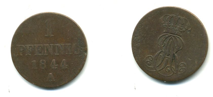 Ганновер 1 пфенниг 1844 A, Эрнст Август (1837-1851) KM 173.1, AKS 126, J. 54 медь 35-713