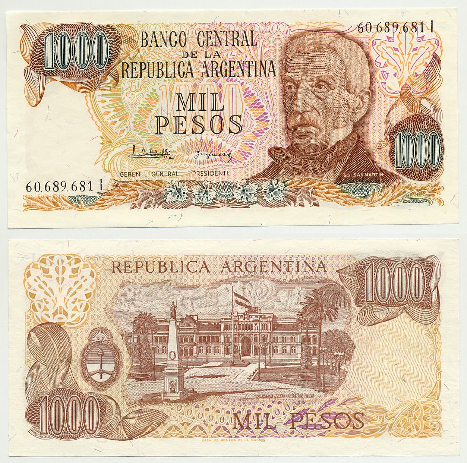 Аргентина 1000 песо 1982 серия I 60689, Генерал Сан Мартин Pick 304d бумага UNC (пресс) 7214-16-1