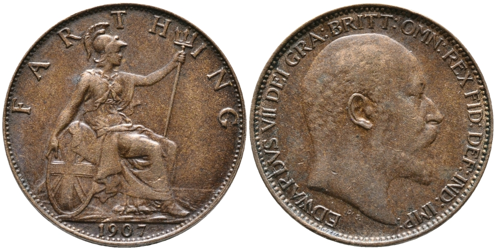 Великобритания 1 фартинг 1907 Эдуард VII (1901-1910) KM 792, Spink 3992 бронза 100-539