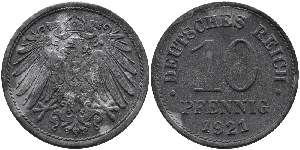 ГЕРМАНИЯ 10 ПФЕННИГОВ 1921 KM 26, J. 299 цинк 33-327