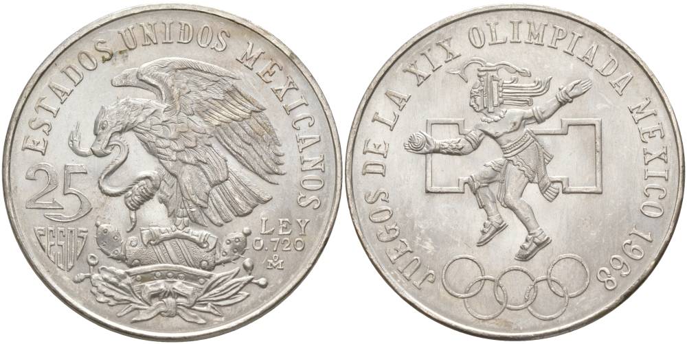 Мексика 25 песо 1968 ТИП II, СРЕДНЕЕ ВЕРХНЕЕ КОЛЬЦО ПРИСПУЩЕНО, ЯЗЫК ЗМЕЯ ДЛИННЫЙ И ПРЯМОЙ KM 479.2 серебро UNC 4537-1211
