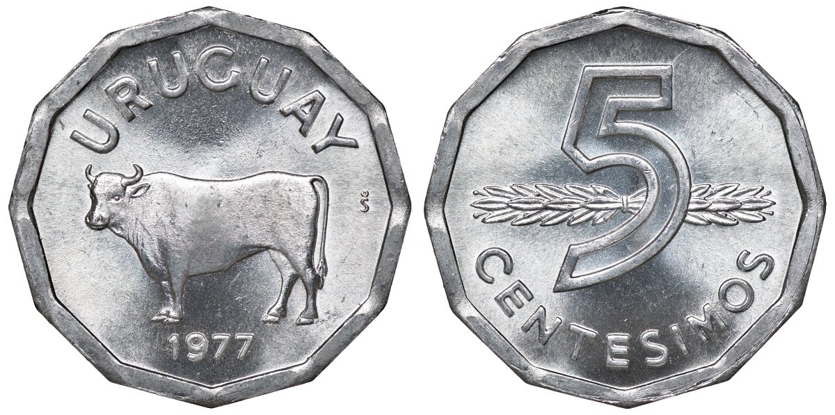 Уругвай 5 сентесимо 1977 KM 73 алюминий UNC M55-16