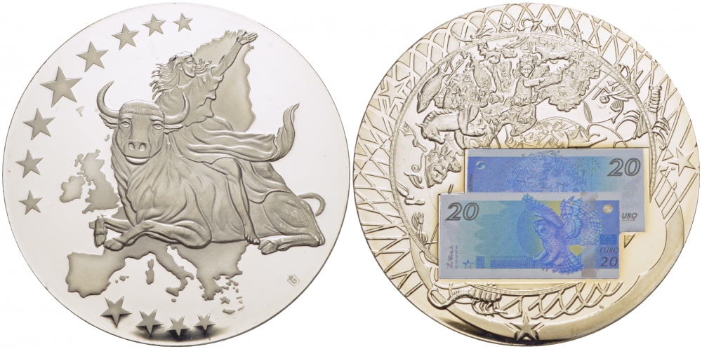 НИДЕРЛАНДЫ МЕДАЛЬ 2002 ПОХИЩЕНИЕ ЕВРОПЫ, КУПЮРА 20 ЕВРО ЕВРОПРОБА, СЕРЕБРЕНИЕ, ЦВЕТНАЯ ЭМАЛЬ, ДИАМЕТР 50 ММ. ВЕС 54 ГР. медно-никель PROOF 01-240-52