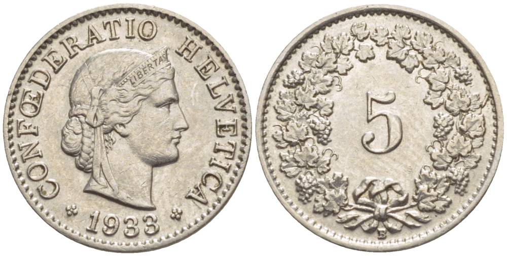ШВЕЙЦАРИЯ 5 РАППЕНОВ 1933 В KM 26 медно-никель 4532-931
