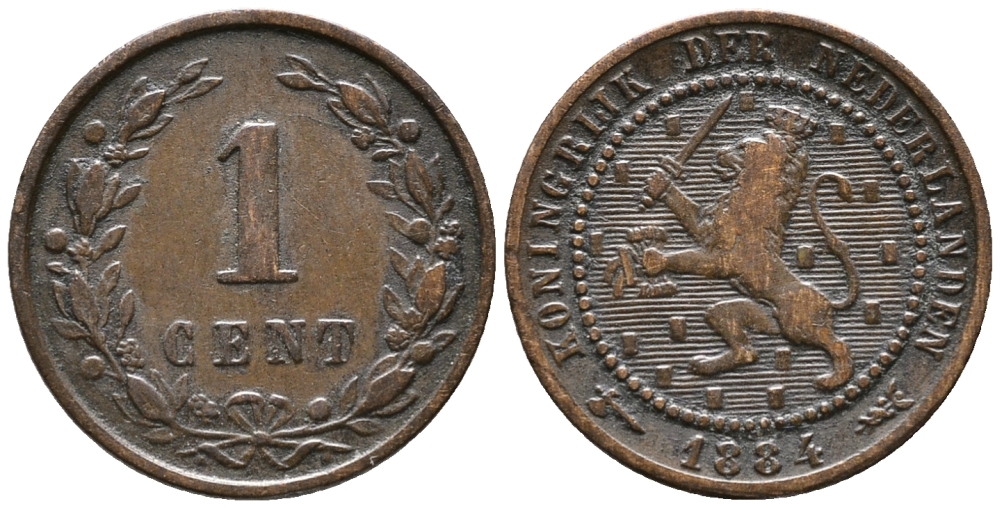 НИДЕРЛАНДЫ 1 ЦЕНТ 1884 KM 107 бронза 100-1245