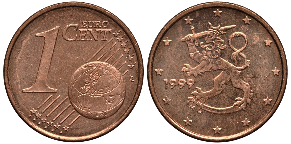 Финляндия 1 евроцент 1999 KM 98 сталь плакированная медью XF-UNC 4181-167