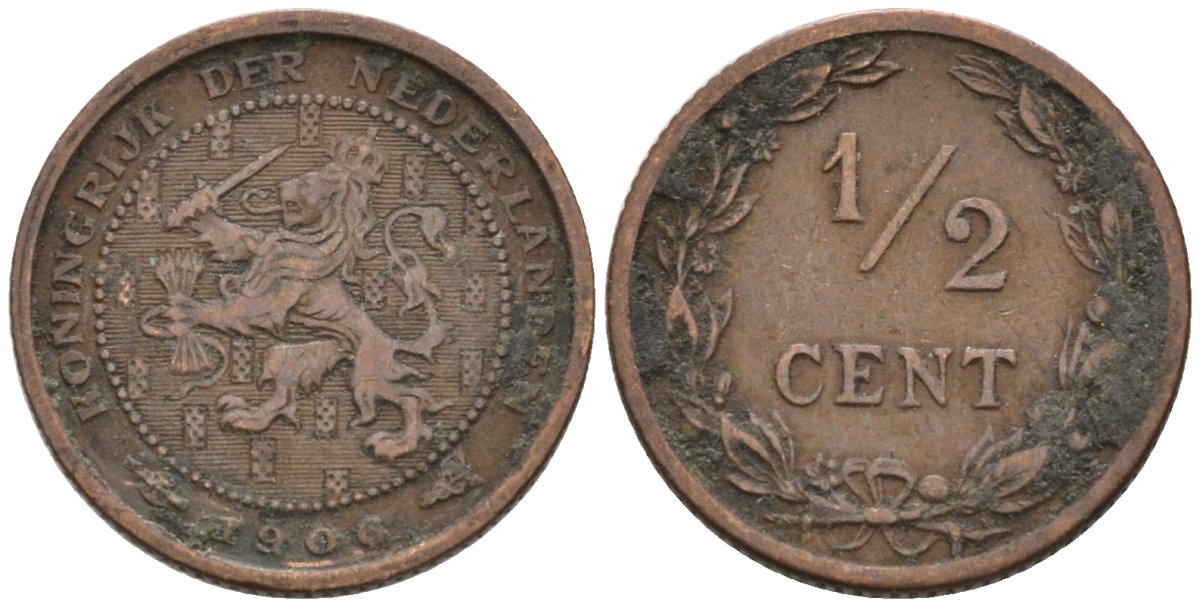 Нидерланды 1/2 цента 1906 Вильгельмина (1890-1948) KM 133 бронза 4576-329