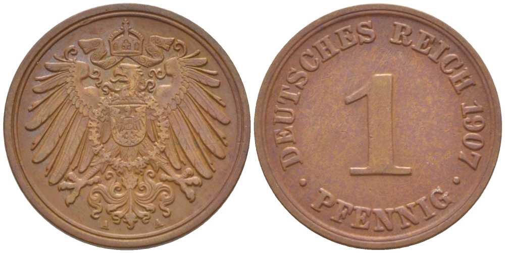 ГЕРМАНИЯ 1 ПФЕННИГ 1907 A KM 10, J. 10, Weege 2 медь 211-349