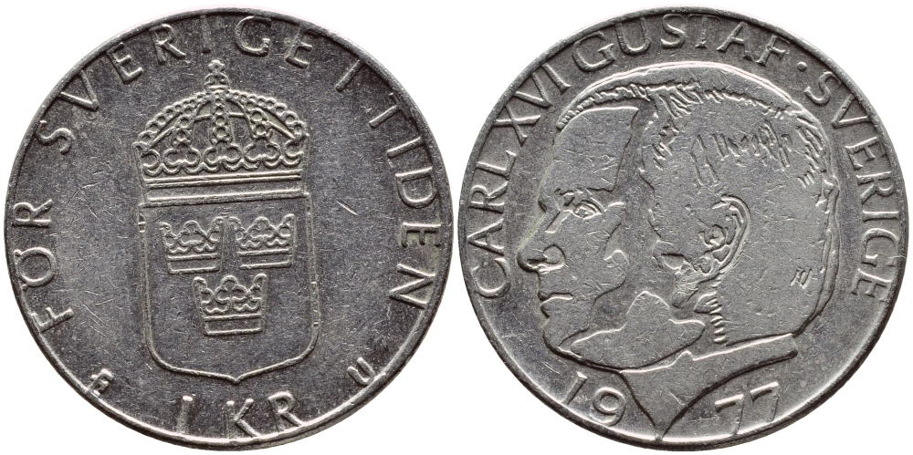 Швеция 1 крона 1977 Карл XVI Густав (1973- ) KM 852 медь плакированная медно-никелем 4397-842
