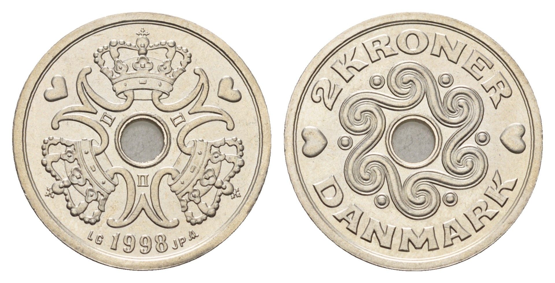 Дания 2 кроны 1998 Маргрете II (1972-2024) KM 874 медно-никель UNC 176-523