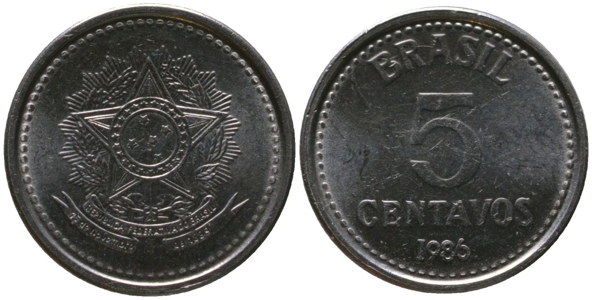 Бразилия 5 сентаво 1986 KM 601, Schon 110 нержавеющая сталь UNC 4567-954