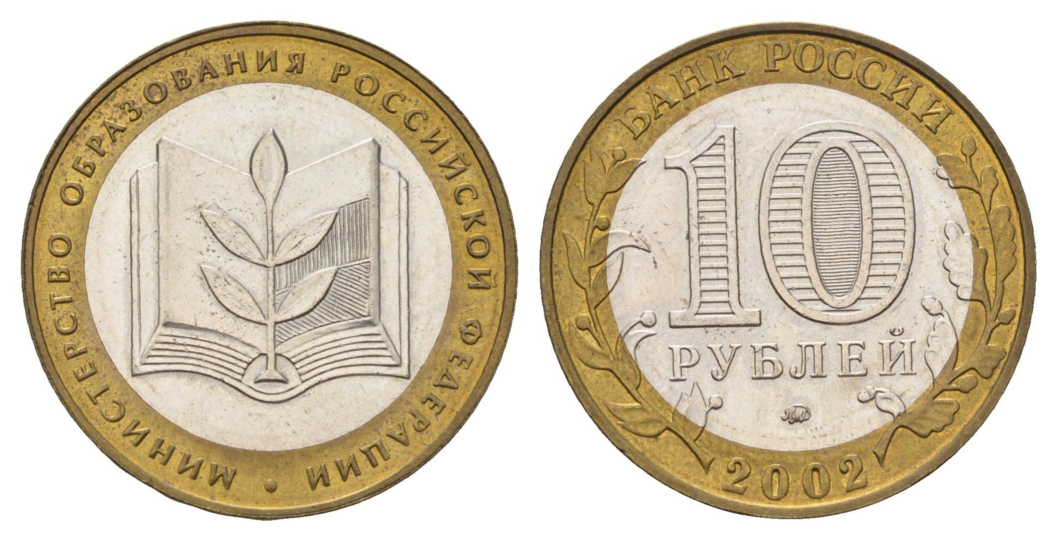 Россия 10 рублей 2002 ММД, Министерство Образования Российской Федерации Y 748 биметалл 217-955