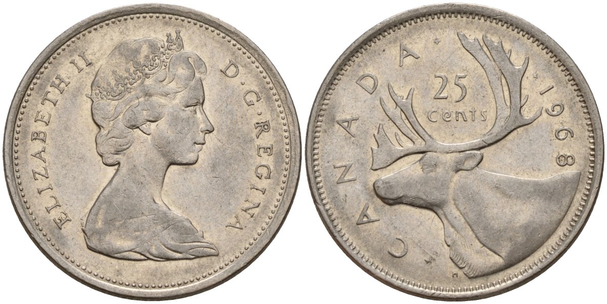 Канада 25 центов 1968 Елизавета II (1952-2022), олень KM 62 b никель 4187-754