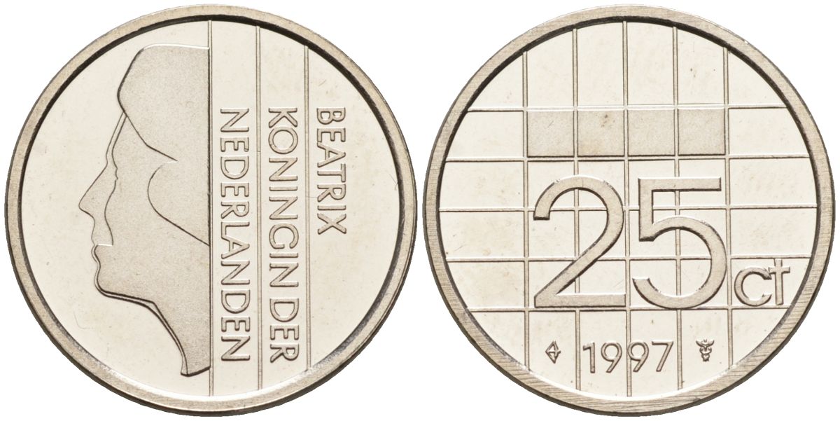 Нидерланды 25 центов 1997 Беатрикс (1980-2013) KM 204 никель UNC 4588-929