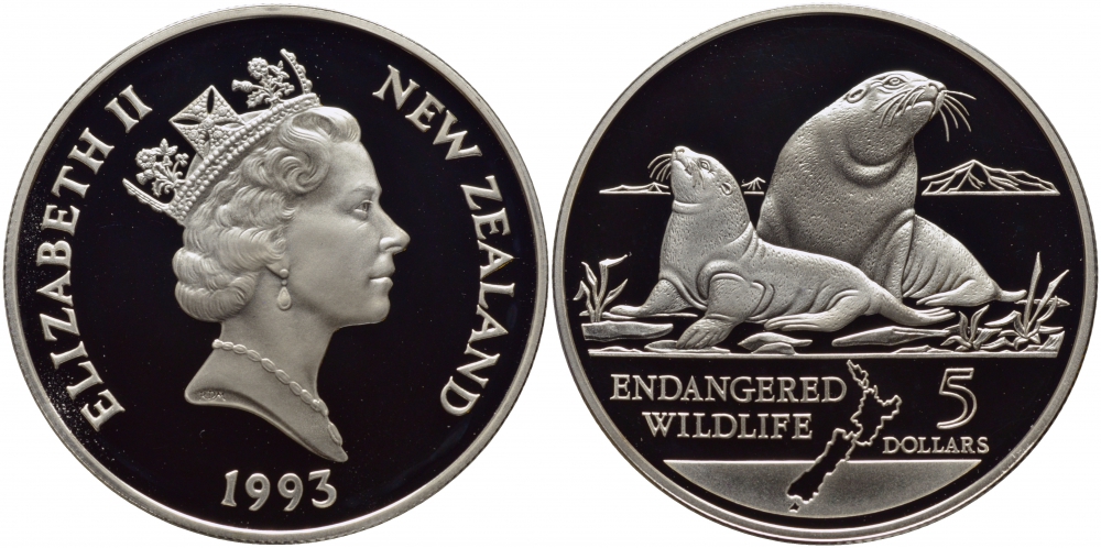Новая Зеландия 5 долларов 1993 охрана окружающей среды, морские львы KM 89 серебро PROOF 1077-2-22