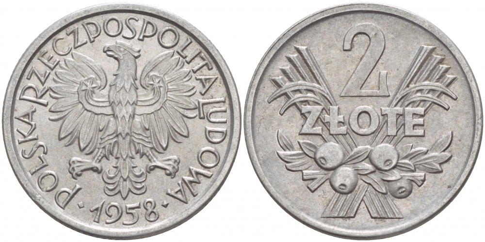 Польша 2 злотых 1958 MW KM 46, Parchimowicz 216a алюминий UNC 4545-333