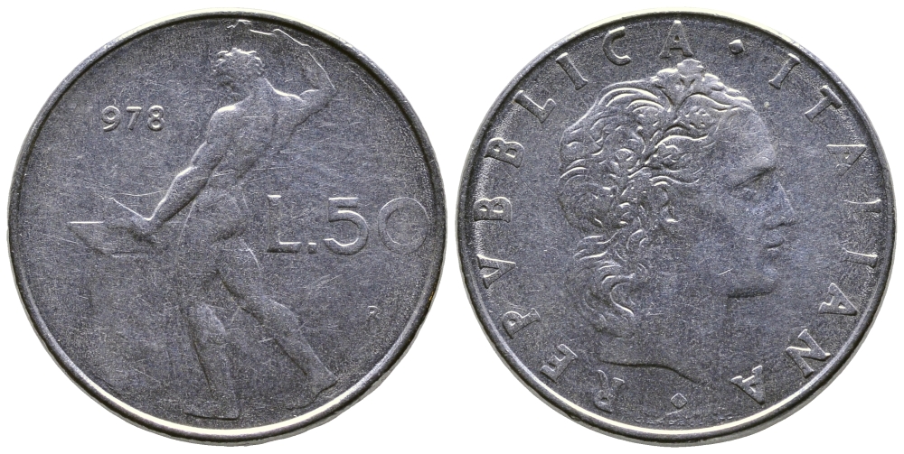 Италия 50 лир 1978 R, бог огня Вулкан у наковальни KM 95.1 нержавеющая сталь    4606-134