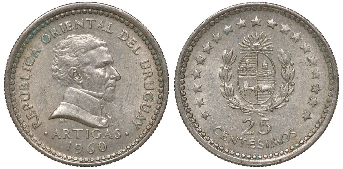 Уругвай 25 сентесимо 1960 KM 40 медно-никель 4169-926