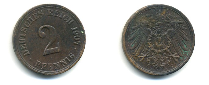 ГЕРМАНИЯ 2 ПФЕННИГА 1907 A KM 16, J. 11 медь 4379-958