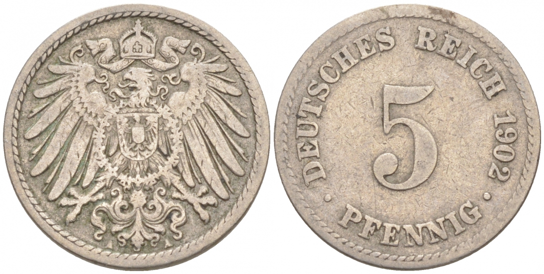 ГЕРМАНИЯ 5 ПФЕННИГОВ 1902 A, KM 11, J. 12 медно-никель 73-1564