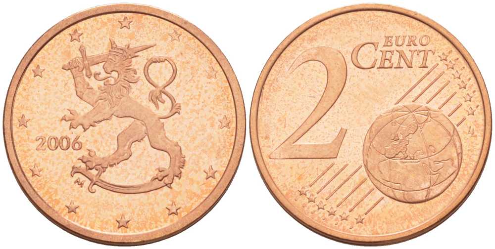 ФИНЛЯНДИЯ 2 ЕВРОЦЕНТА 2006 M KM 99 сталь плакированная медью UNC 214-322