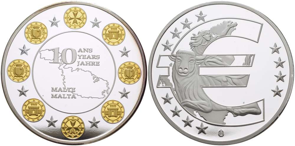 НИДЕРЛАНДЫ МЕДАЛЬ 2012 СЕРИЯ 10 ЛЕТ ЕВРО, МАЛЬТА, СЕРЕБРЕНИЕ, ПОЗОЛОТА, ДИАМЕТР 40 ММ., ПОХИЩЕНИЕ ЕВРОПЫ PROOF 1082-6-53