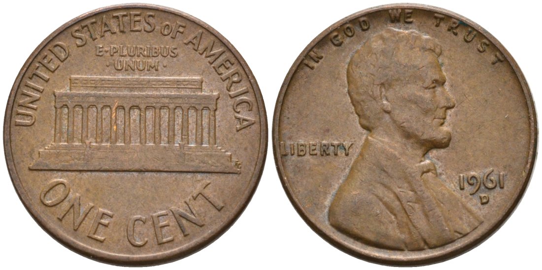 США 1 цент 1961 D, Авраам Линкольн KM 201 медь цинк 4564-355