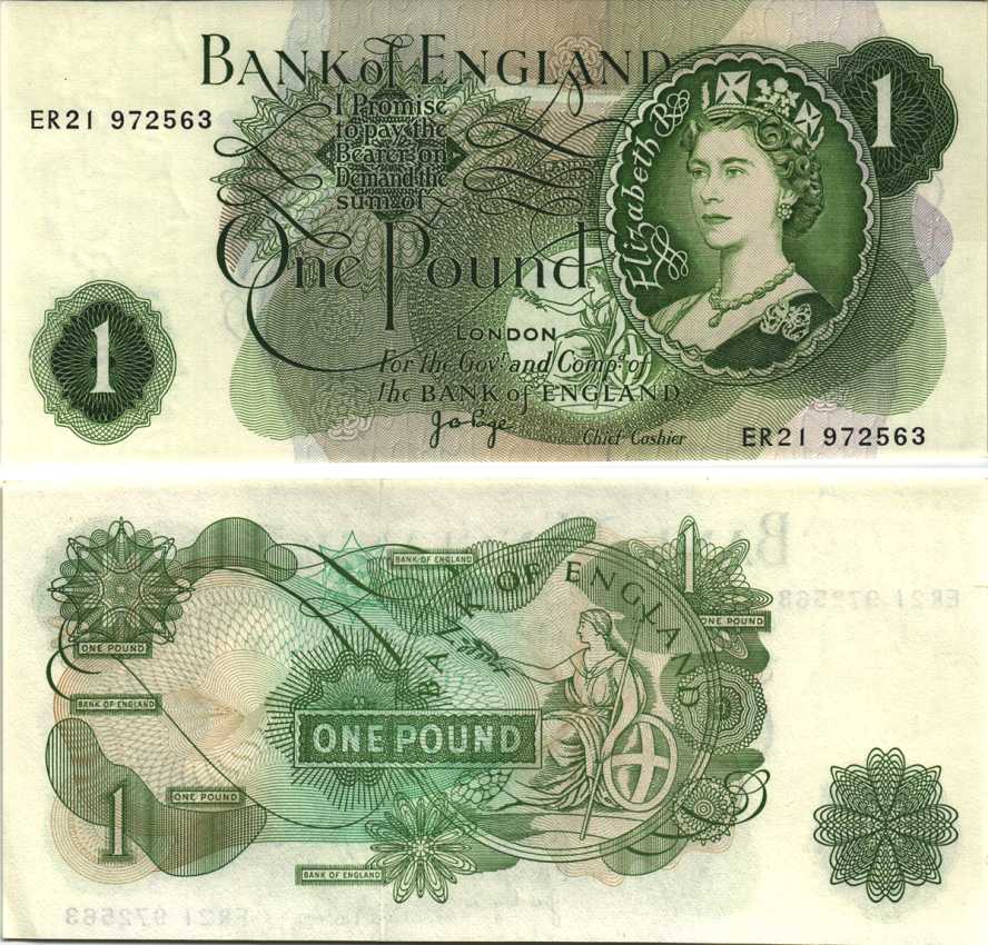 АНГЛИЯ 1 ФУНТ 1970-1977 ПОДПИСЬ J.B. PAGE Pick 374g бумага UNC (ПРЕСС) 7214-14-1