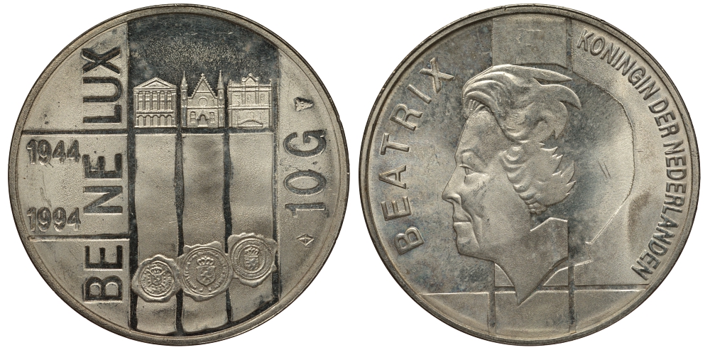 Нидерланды 10 гульденов 1994 50 лет Бе-Ни-Люкс, три здания парламентов KM 216 серебро UNC 413-3925