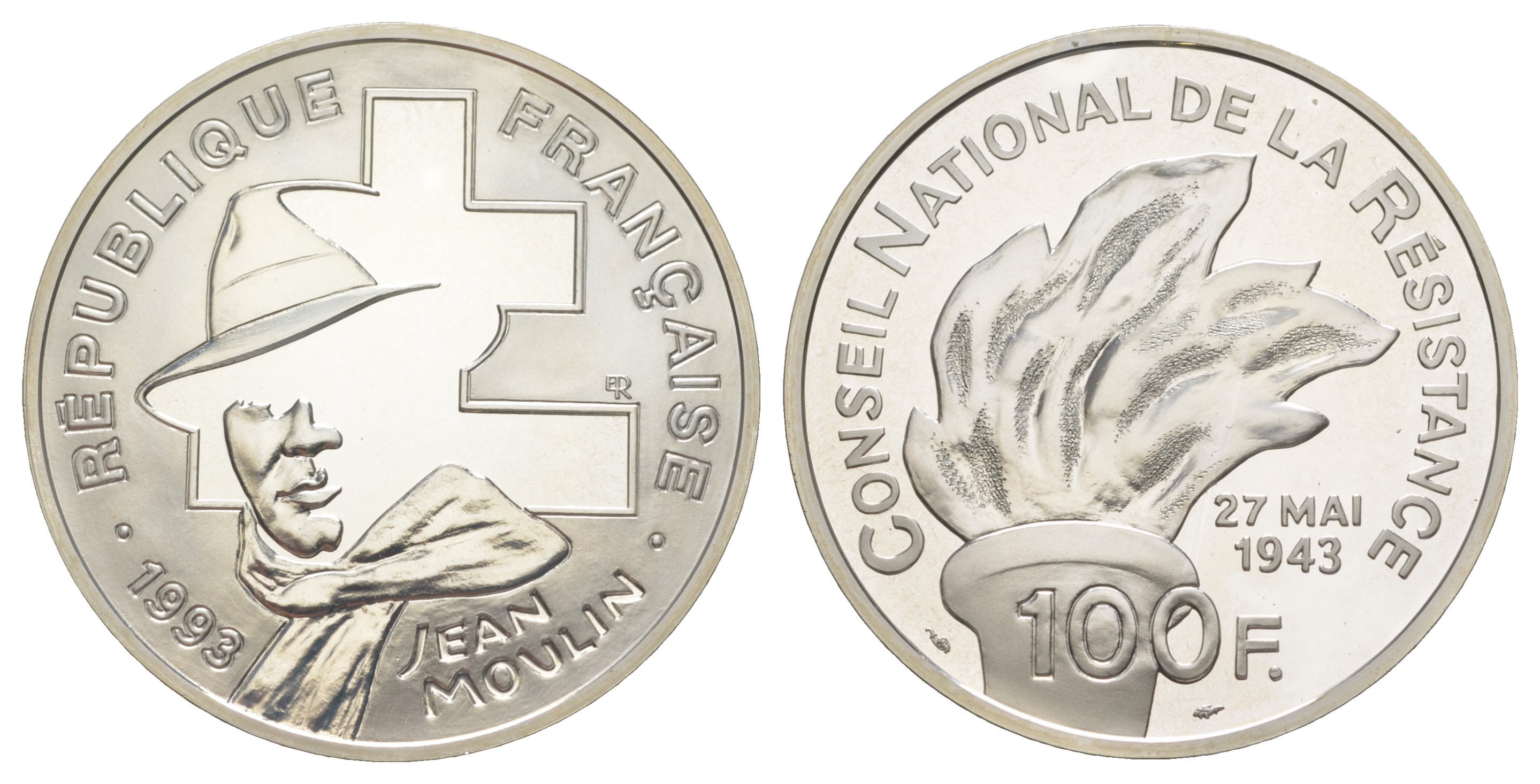 Франция 100 франков 1993 Жан Мулен. 50 лет Национального движения сопротивления, в оригинальной коробке, сертификат KM 1023 серебро  PROOF  1-6-4-49