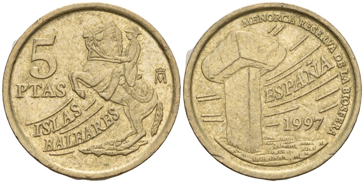 Испания 5 песет 1997 Хуан Карлос I (1975-2014), Балеарские острова, всадник KM 981 алюминиевая бронза 4608-327