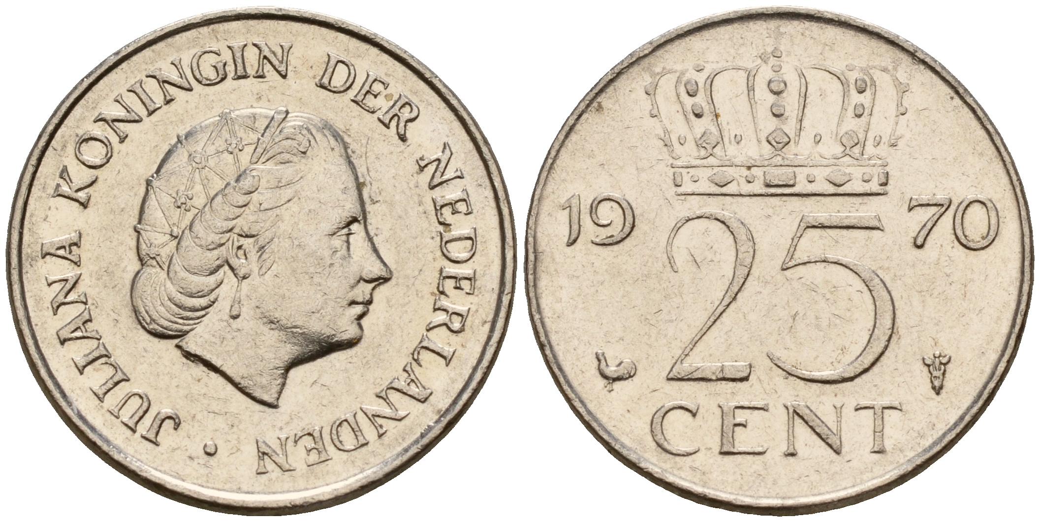 Нидерланды 25 центов 1970 Юлиана (1949-1980) KM 183 никель    4598-456