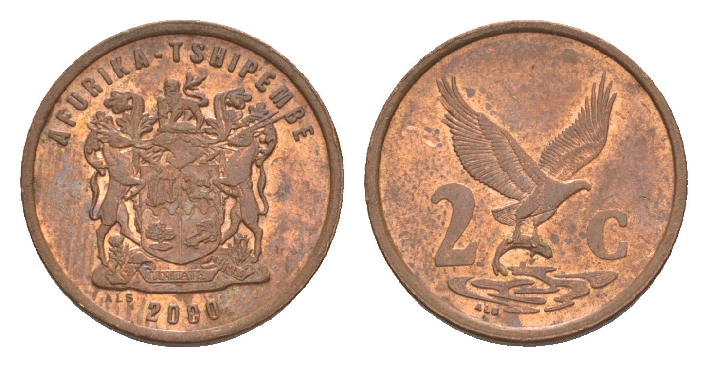 ЮАР 2 цента 2000 орел с рыбой KM 159 сталь плакированная медью aUNC 4189-1256