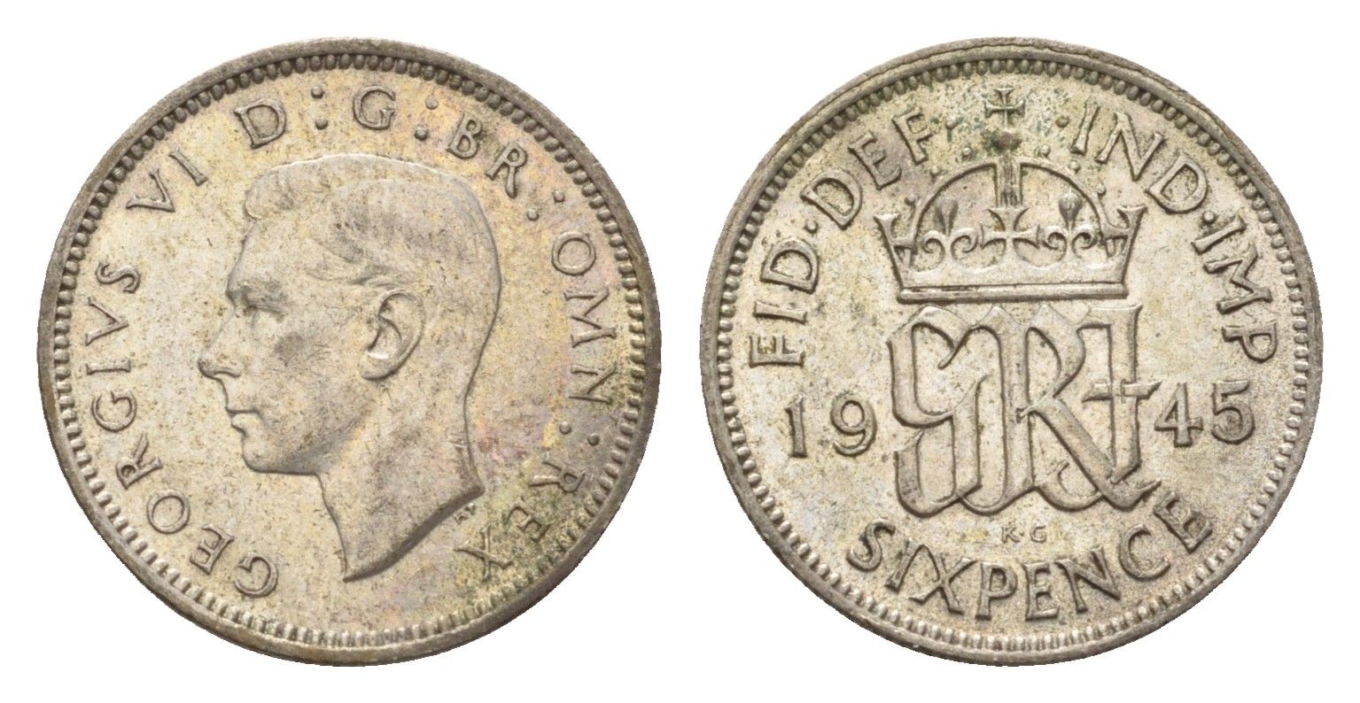 Великобритания 6 пенсов 1945 Георг VI (1936-1952) KM 852, Spink 4084 серебро 4644-1268