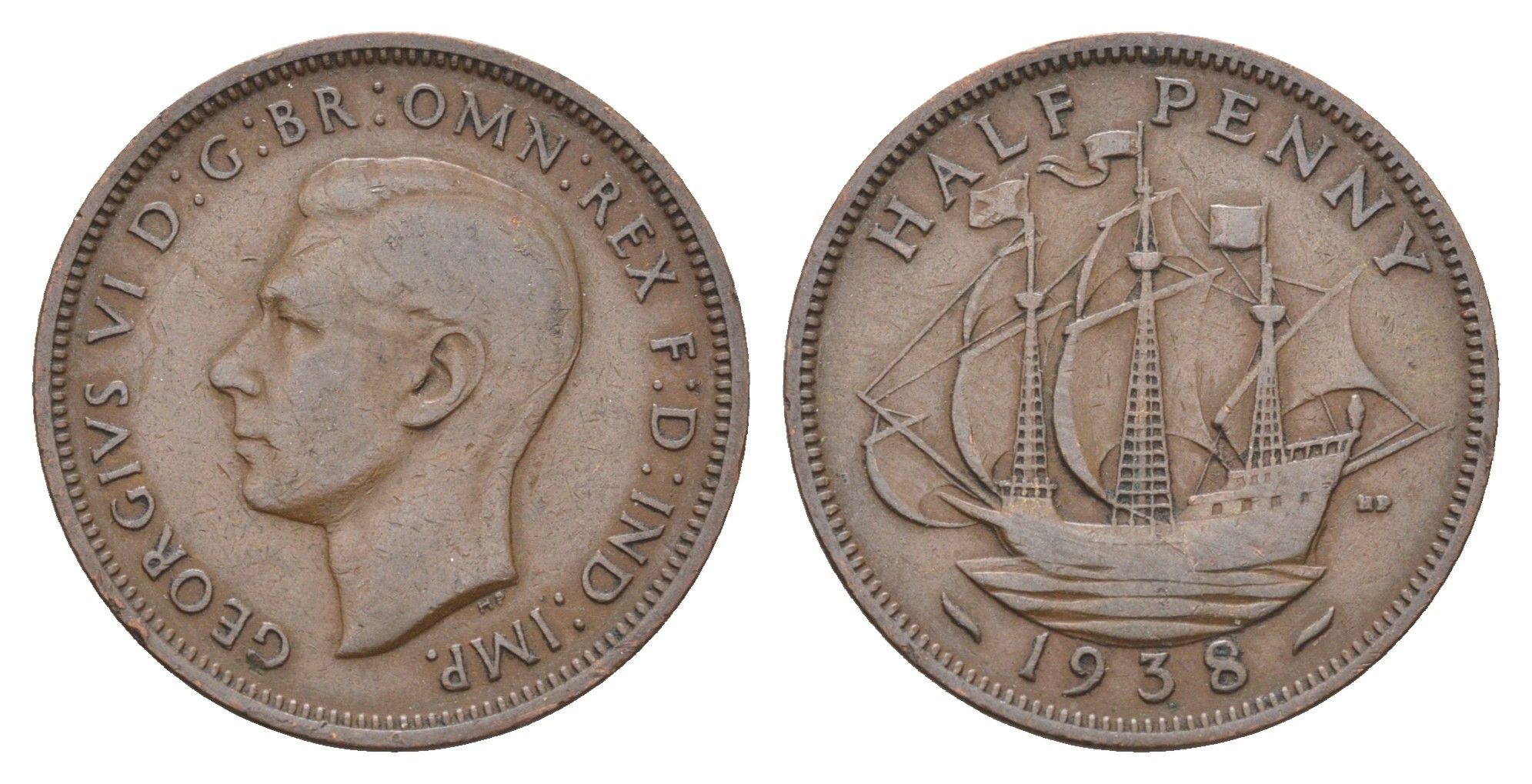 Великобритания 1/2 пенни 1938 Георг VI (1936-1952) KM 844, Spink 4115 бронза    4660-612