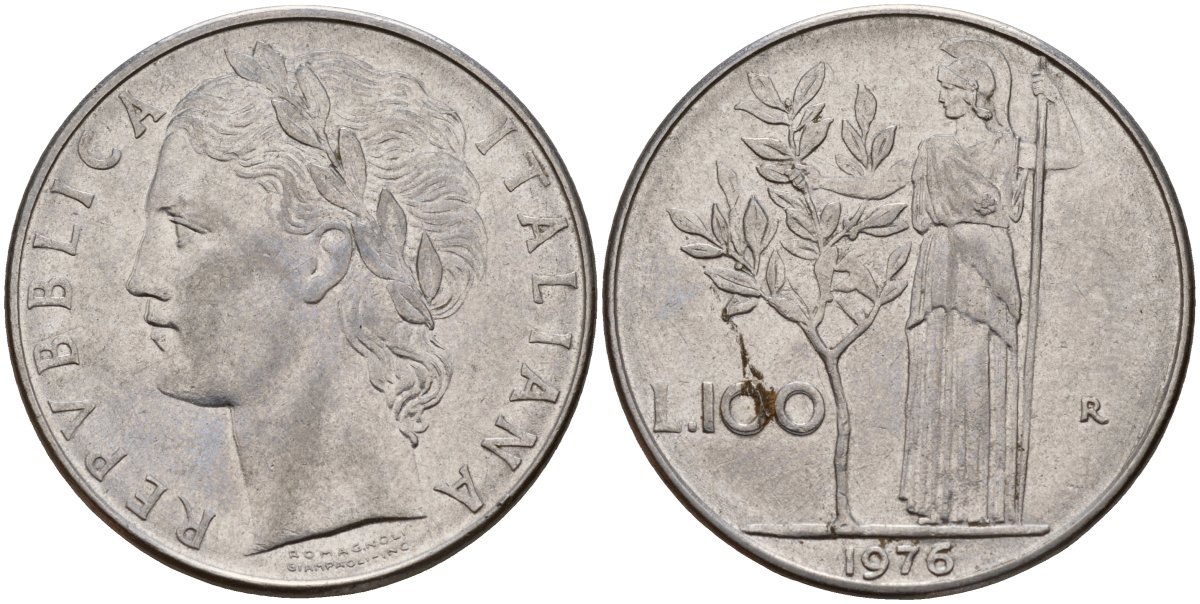 Италия 100 лир 1976 R, Афина у оливкого дерева KM 96.1 нержавеющая сталь 4149-1221