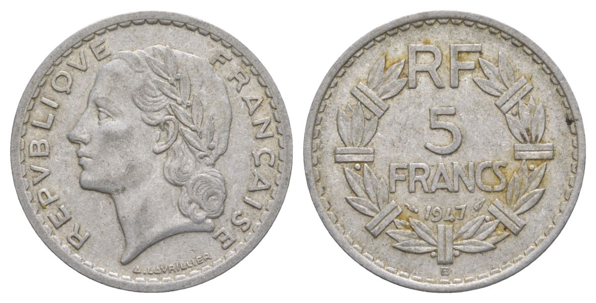 Франция 5 франков 1947 B KM 888b.2, Le Franc 339 алюминий 4185-245