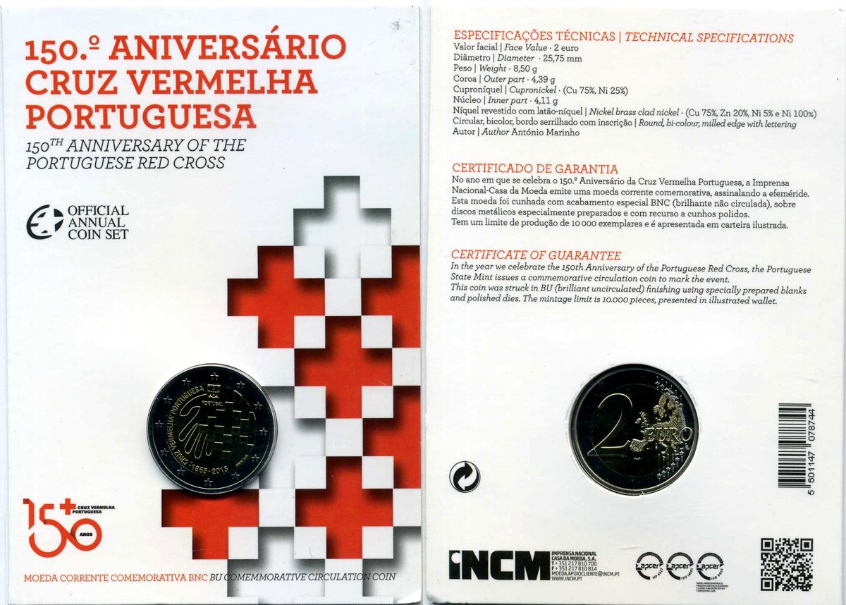 Португалия 2 евро 2015 150 лет Португальскому обществу Красного креста, запайка, картонный буклет KM 850 биметалл BUNC 3-4-8-40