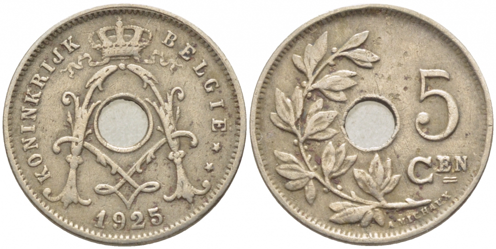 Бельгия 5 сантимов 1925 Belgie KM 67 медно-никель 112-241