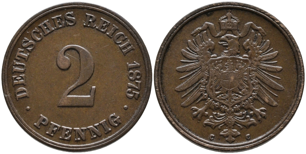 ГЕРМАНИЯ 2 ПФЕННИГА 1875 G, СТАРОГЕРБОВКА KM 2, J.2 медь 179-1056