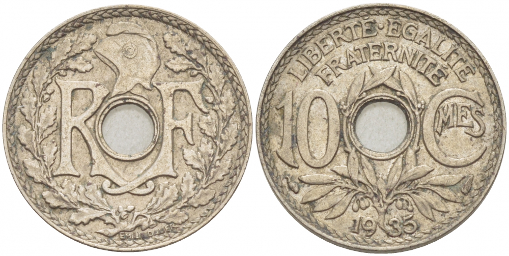 ФРАНЦИЯ 10 САНТИМОВ 1935 ТИП ЛИНДАЙЁ KM 866а, LE FRANC 138.22 медно-никель 4402-813
