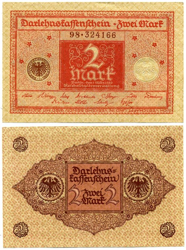 ГЕРМАНИЯ 2 МАРКИ 1920 1 МАРТА 1920, ВЕЙМАРСКАЯ РЕСПУБЛИКА, КРАСНАЯ, СЕРИЯ 98 Pick 59, Rosenberg 65b бумага 7523-7-4