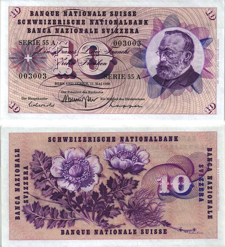 Швейцария 10 франков 1968 15 мая 1968, серия 55 А, подпись 42, Готфрид Келлер Pick 45 n бумага aUNC 8606-11-3-2